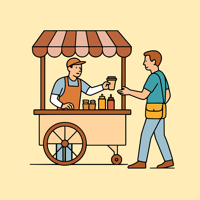 Illustration of two men at a small food cart with one man handing the other a coffee.