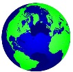 Illustration of the Earth with the land shown as a vibrant green and the water a dark blue.