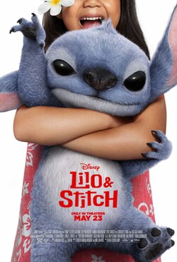 The movie poster for Lilo and Stitch. Lilo if hugging and holding up Stitch.