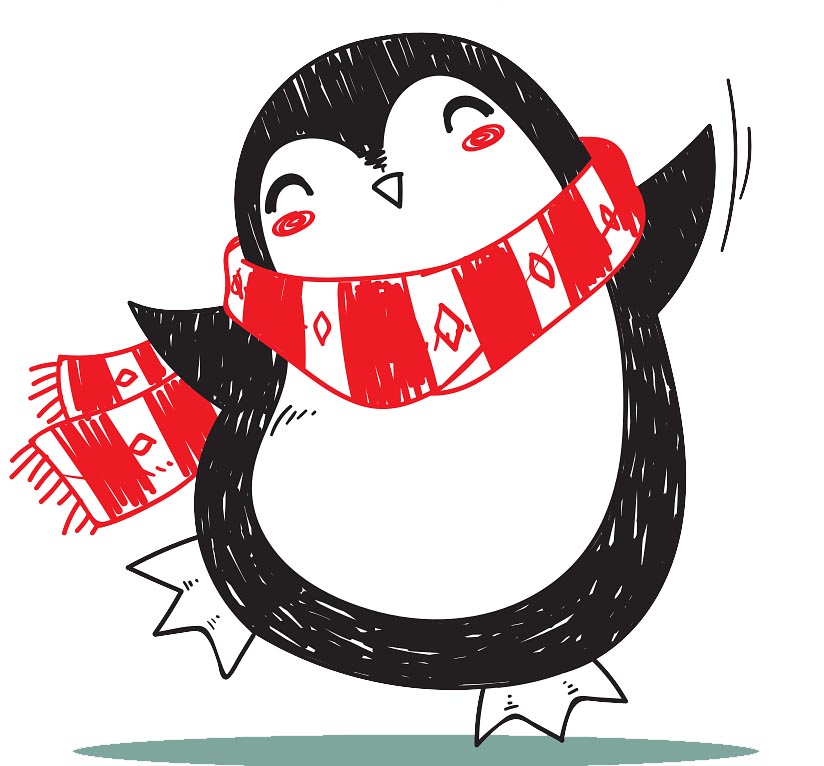 Illustration of a penguin wearing a red and white striped scarf while dancing.