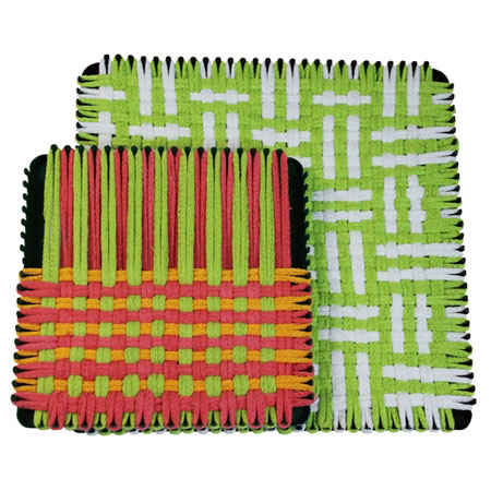 Green and red yarn woven coasters.
