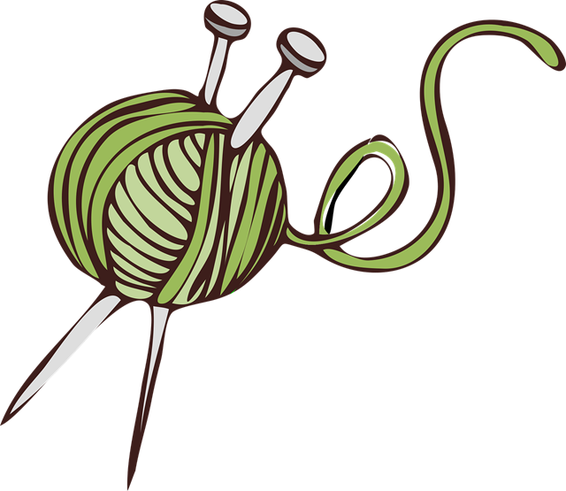 Illustration of a ball of green yarn with two crochet needles stuck in it.