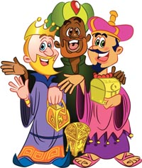 Illustration of three kings standing closely together holding treasures and smiling.