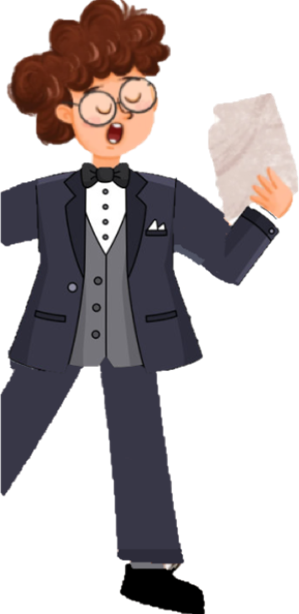 Illustration of a man in a tuxedo reciting poetry from a sheet of paper in his hand.