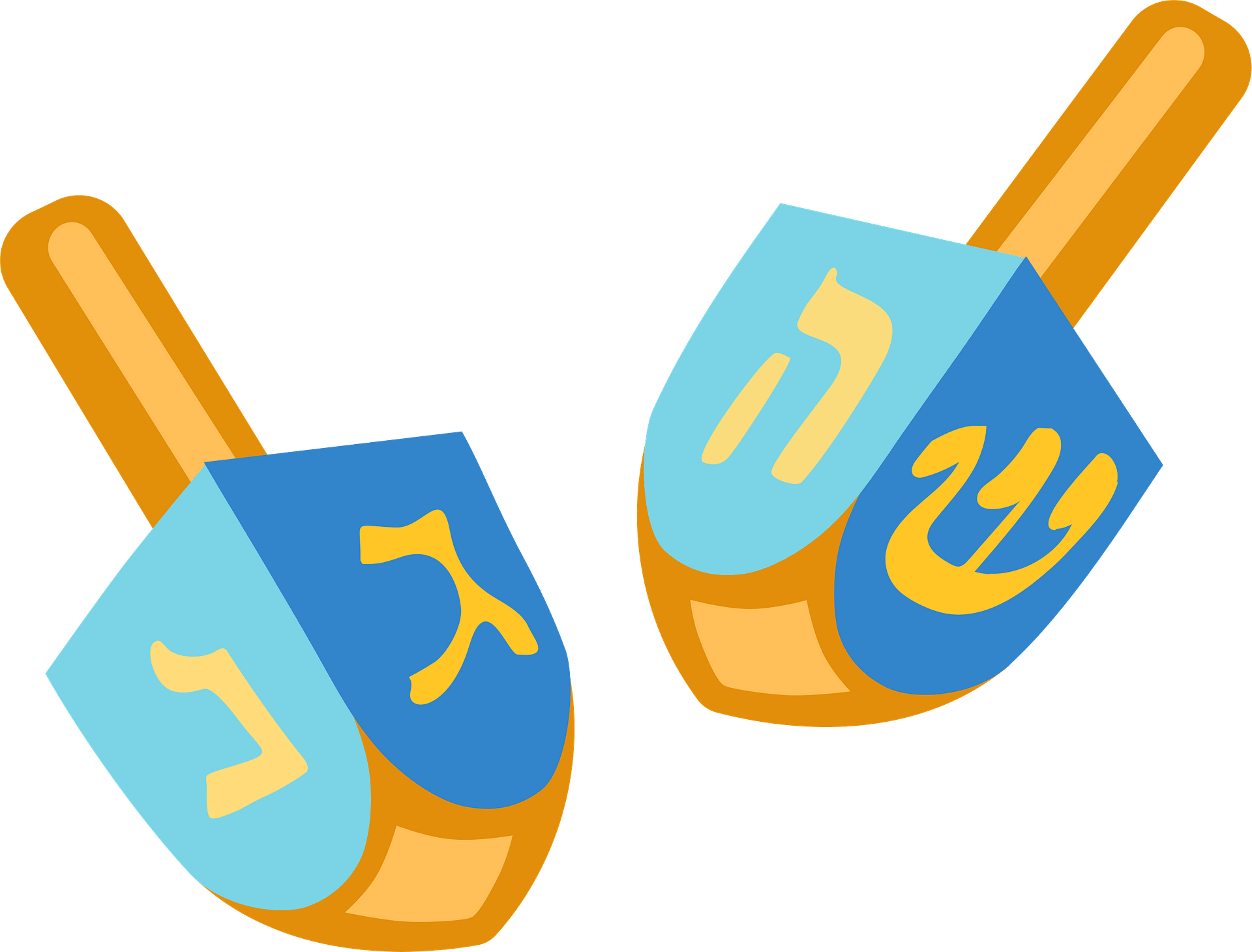 Two yellow and blue dreidels.