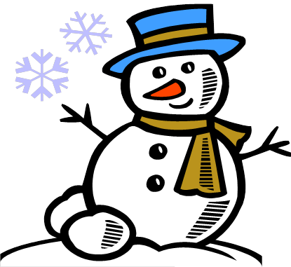 Illustration of a snowman in a bule hat with a tan scarf.