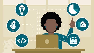 A woman at a desk in front of a computer surrounded by icons showcasing online tools for job improvement, business development, and language learning.